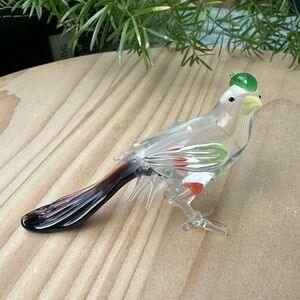 VTG Hand Blown Art Glass Tropical Bird Figurine 3" Clear Multicolor Original Box